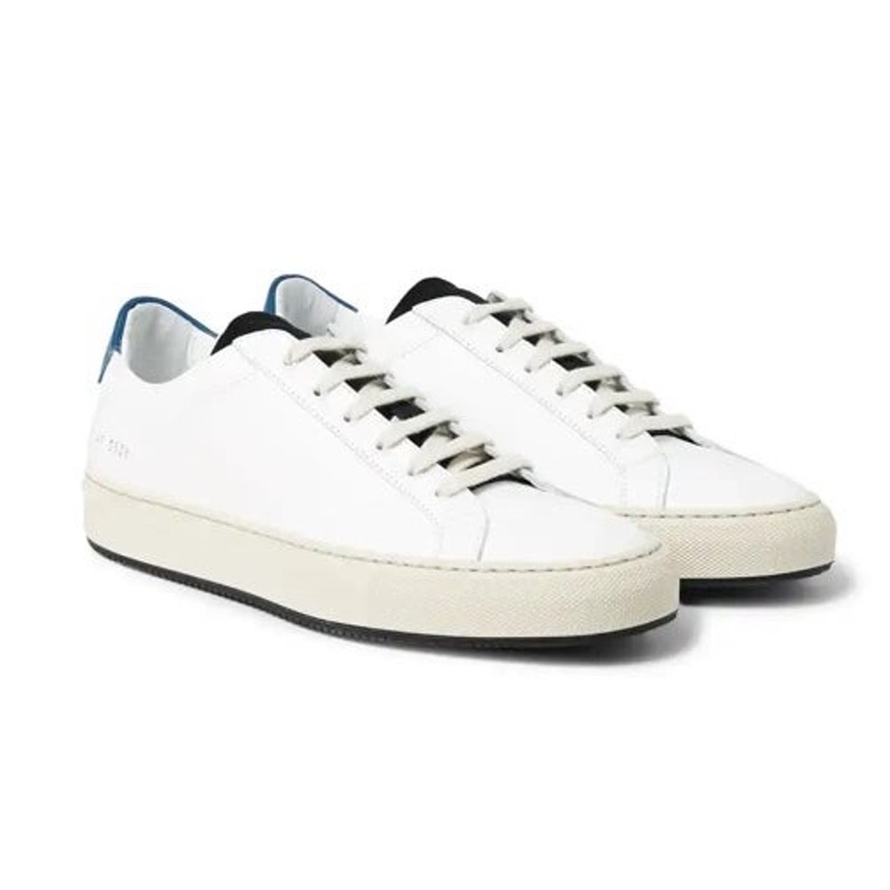 Common Projects White Leather Low-Top Sneakers with Blue Heel Tab